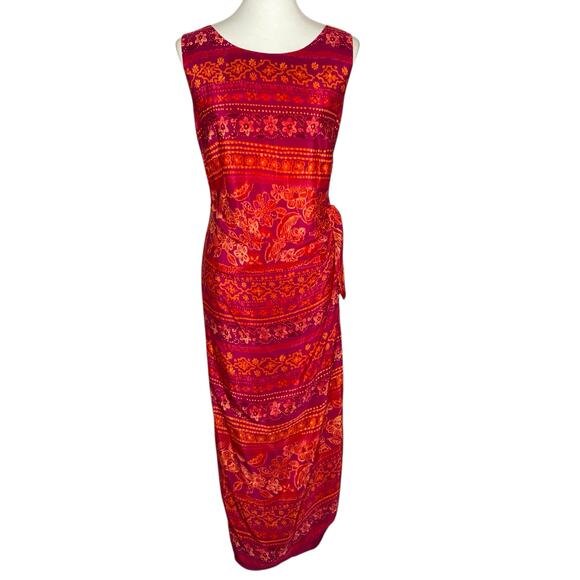 R&K Originals Maxi Dress Red Faux Wrap Sleeveless Tropical Floral Size 14 Y2K - Picture 1 of 15